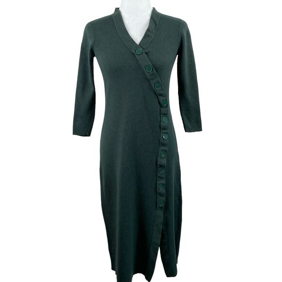 Kate Spade Green 3/4 Sleeve Button Front Open Back Midi Sweater Dress Small - Picture 1 of 12